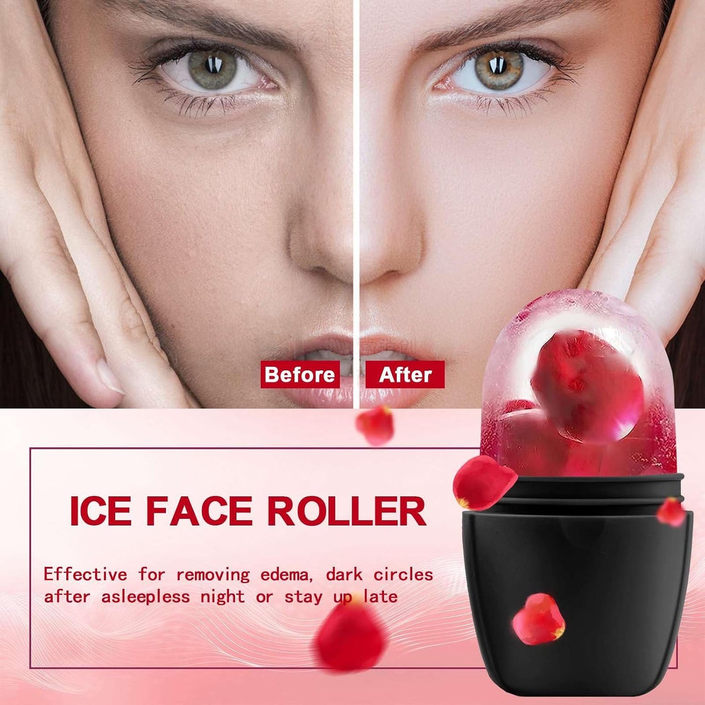 XHJRI Ice Cube Roller Massager for Face, Eyes and Neck Naturally Conditioning and Skin Care,De-Puff Eye Bags,Reduce Migraine Pain,Reusable Massage Silicone Ice Mold (Pink)