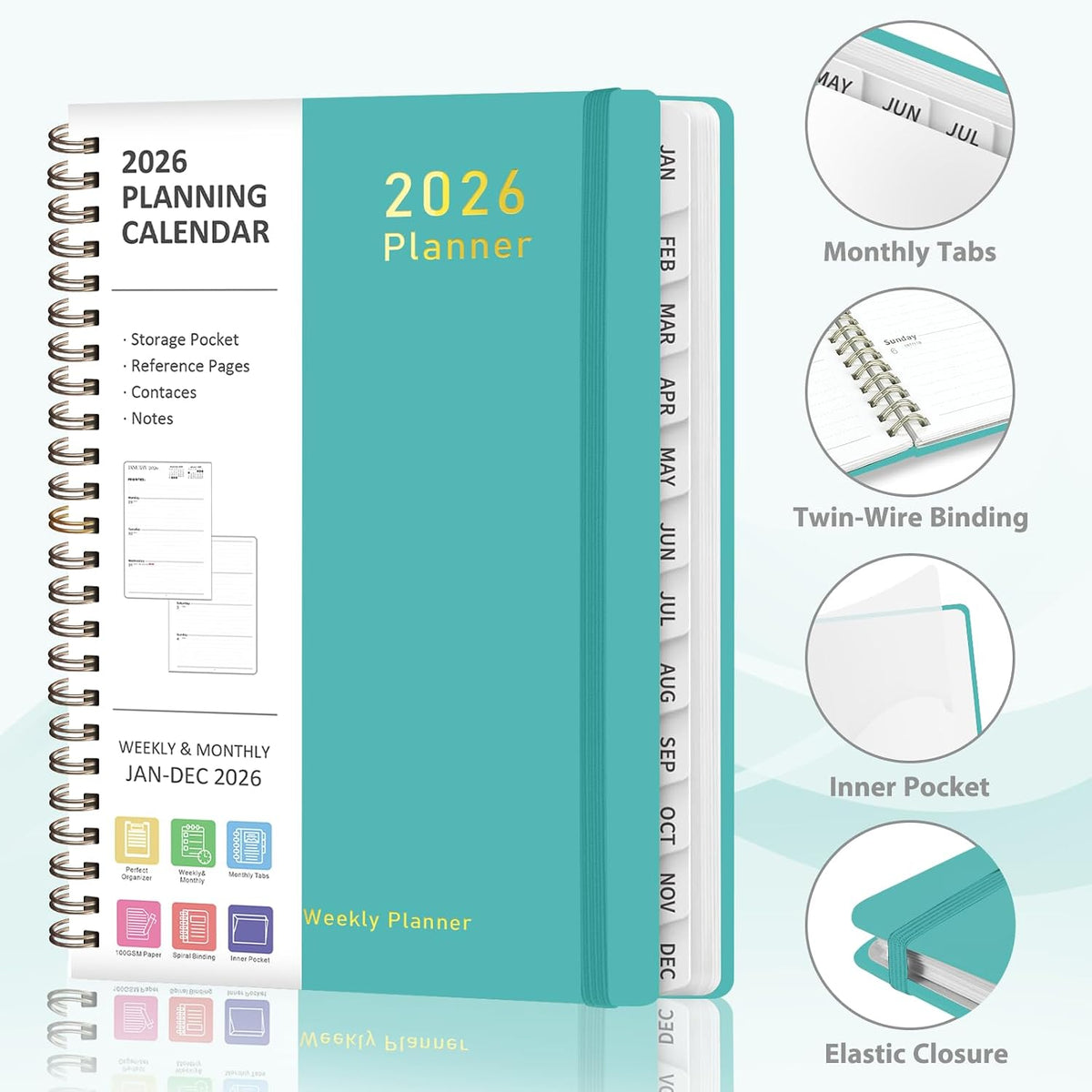 Planner 2026-2027, Weekly and Monthly Calendar Planner, JUL 2026 - JUN 2027 - Colors B