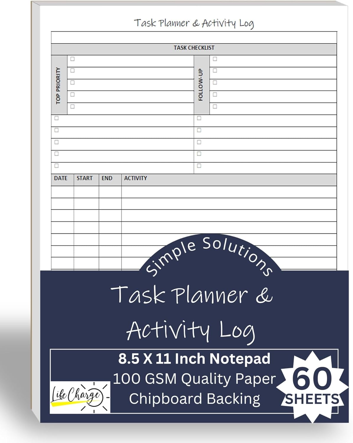 Task Planner & Activity Log Notepad for Work, Daily To Do List with Checklist, Time Tracking & Notes, 60 Pages, 8.5 x 11 Letter, Portrait – Life Charge