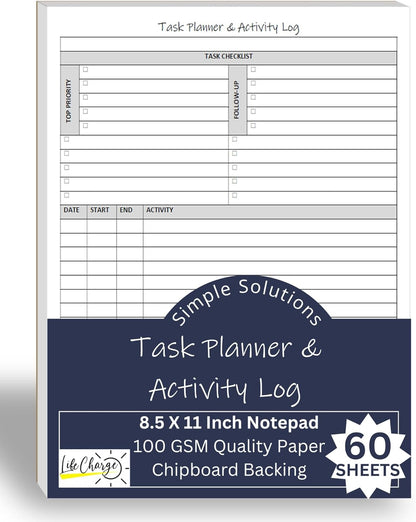 Task Planner & Activity Log Notepad for Work, Daily To Do List with Checklist, Time Tracking & Notes, 60 Pages, 8.5 x 11 Letter, Portrait – Life Charge