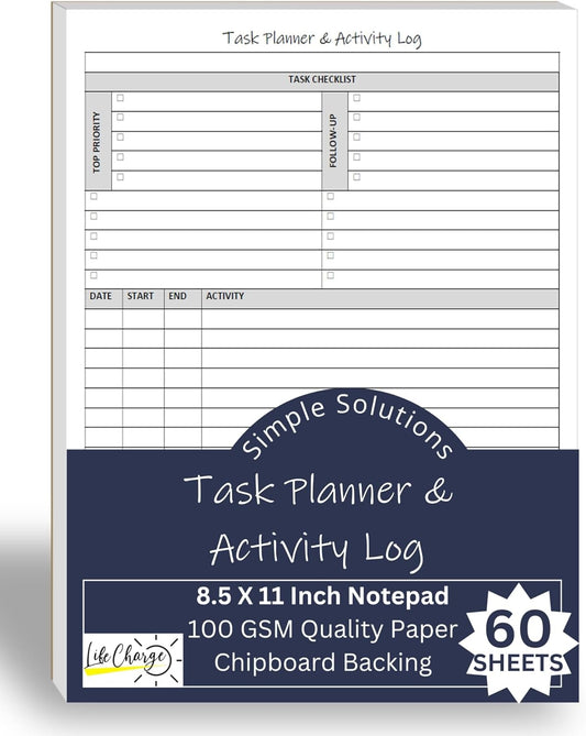 Task Planner & Activity Log Notepad for Work, Daily To Do List with Checklist, Time Tracking & Notes, 60 Pages, 8.5 x 11 Letter, Portrait – Life Charge