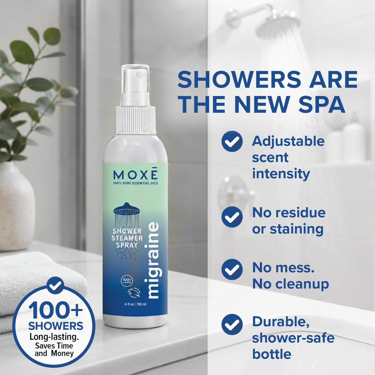 MOXĒ Eucalyptus Oil Shower Mist, Spa Steam Spray, Certified Natural 100% Essential Oils, Made in USA, Aromatherapy, Sinus Congestion Relief, Tension Relief, 4 Ounces