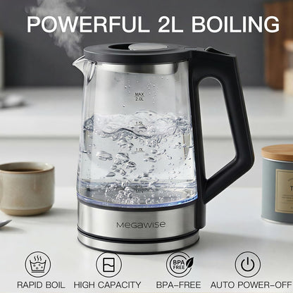 MEGAWISE 1.8 L Glass Electric Kettle, 1000W, Auto Shut-Off, Black