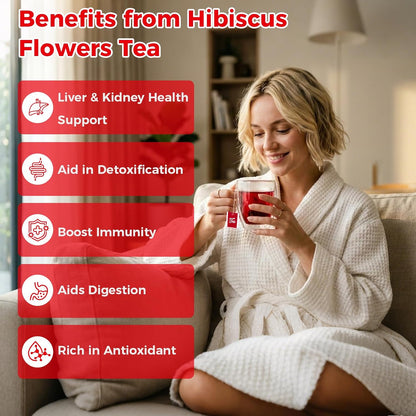 50 Bags Premium Natural Hibiscus Tea, 100% Pure Organic Hibiscus Flowers Herbal Tea, Caffeine-Free, Rich in Natural Goodness and Flavor, No Sugar, Gluten-Free, Vegan