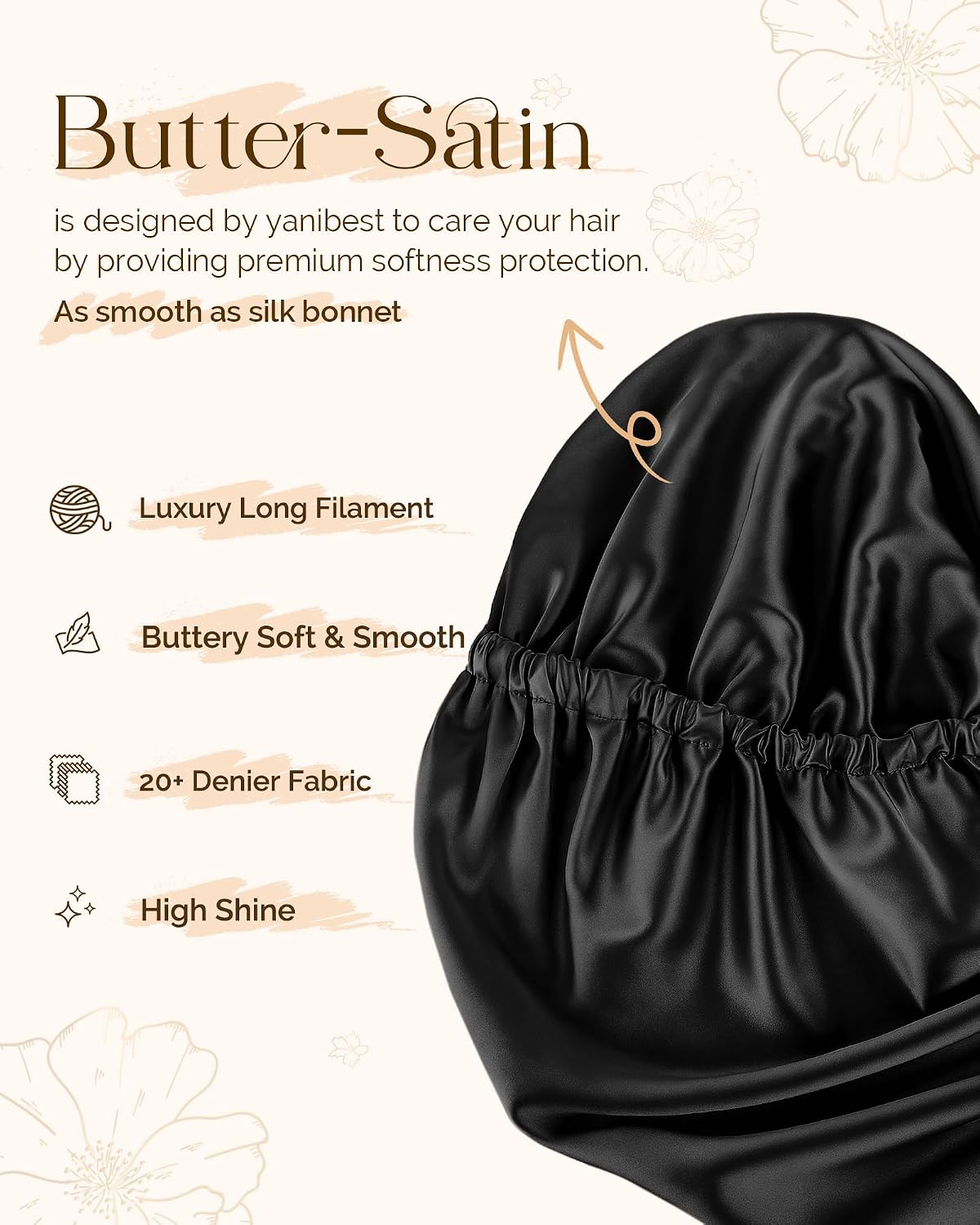 YANIBEST Satin Sleep Bonnet for Natural Hair - Extra Double Layer Long Adjustable Silk Hair Bonnet for Braids, Locs, Curls - Women’s Night Hair Protection Cap