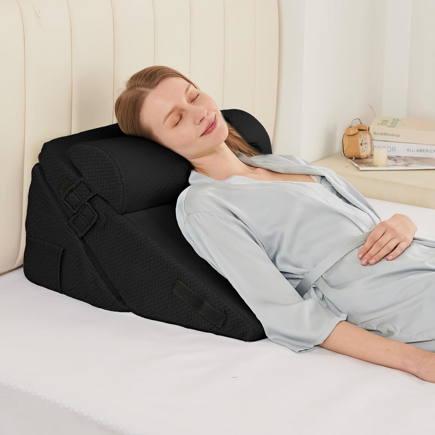 Sasttie Wedge Pillow Set for After Surgery, 2PCS Adjustable Bed Wedge Pillow Headboard with Memory Foam Neck Cushion – for Acid Reflux, Sleeping, Neck & Back Support, Dark Grey & White