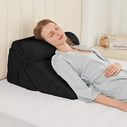 Sasttie Wedge Pillow Set for After Surgery, 2PCS Adjustable Bed Wedge Pillow Headboard with Memory Foam Neck Cushion – for Acid Reflux, Sleeping, Neck & Back Support, Dark Grey & White
