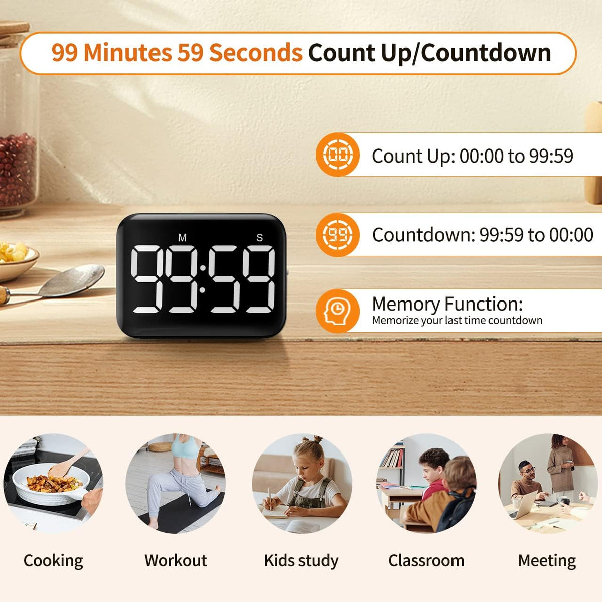 Digital Kitchen Timer, Magnetic Large Display for Cooking & Classroom