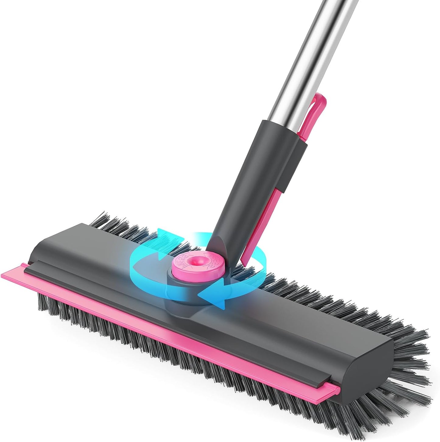Floor Scrub Brush with Long Handle, 3 in 1 Scrape and Heavy-Duty Stiff Bristle Floor Scrubber Brush with Squeegee and Tweezer for Cleaning Tile Wall Deck Bathroom Patio Garage Kitchen (White)