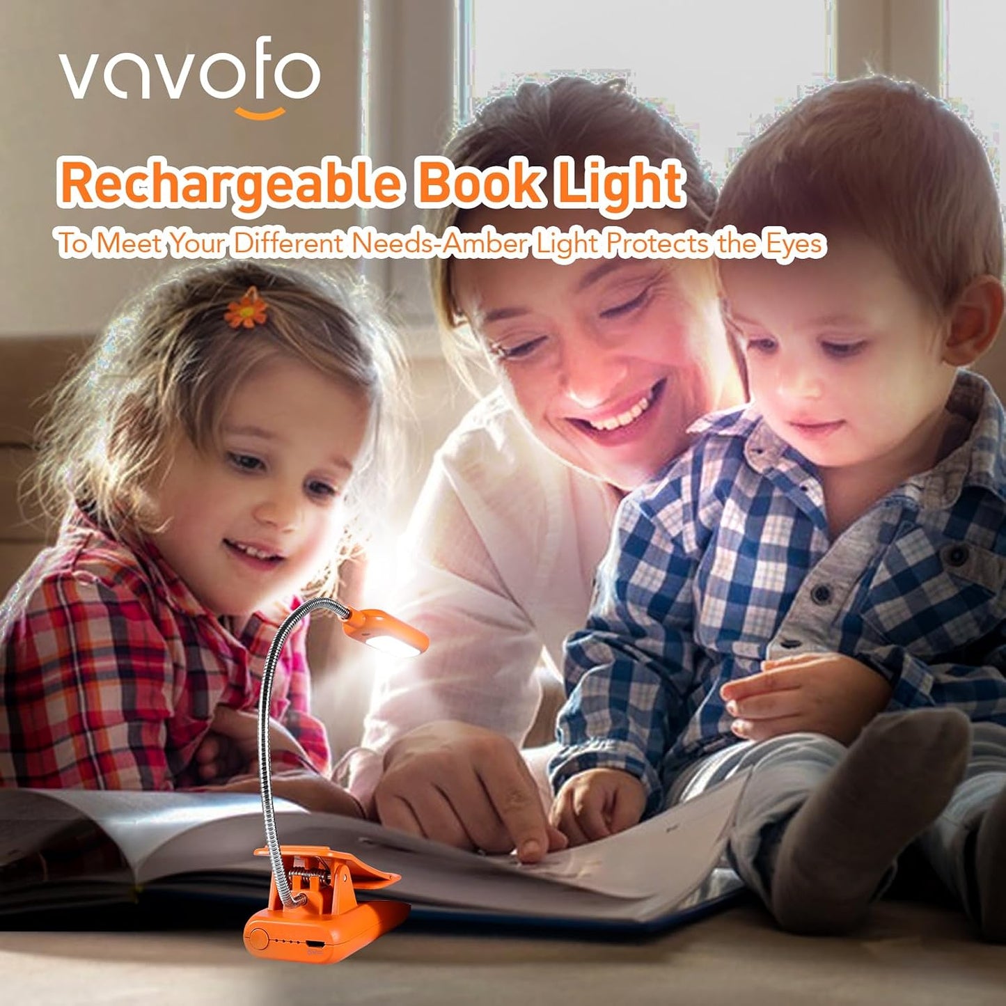 VAVOFO Amber Rechargeable Reading Light, Blue Light Blocking Book Light, 7 LEDs Eye Care 9 Colors 9 Brightness Clip On for Kids Bookworms Reading in Bed with Power Indicator Lasting 70h (Black)