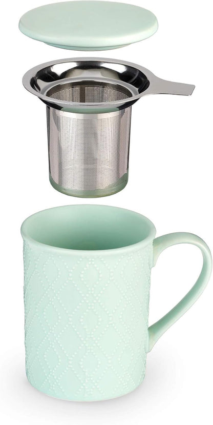 Pinky Up Annette Ceramic Tea Cup with Infuser and Lid, Travel Mug for Loose Leaf Teas, Home Office, Camping, Picnic Party, 12 oz, Set of 1, Honeycomb