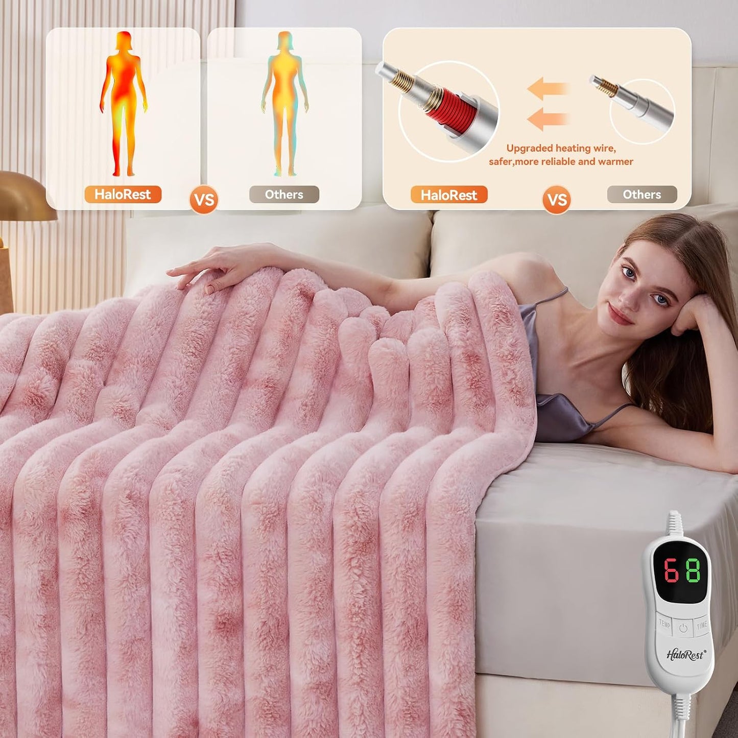 Heated Throw Blanket, Faux Fur Cozy Heating Blanket with Overheat Protection, 1/2/4/6/8 Hours Auto-Off 10 Heat Level, Machine Washable (50x60 Inches, Cream White)