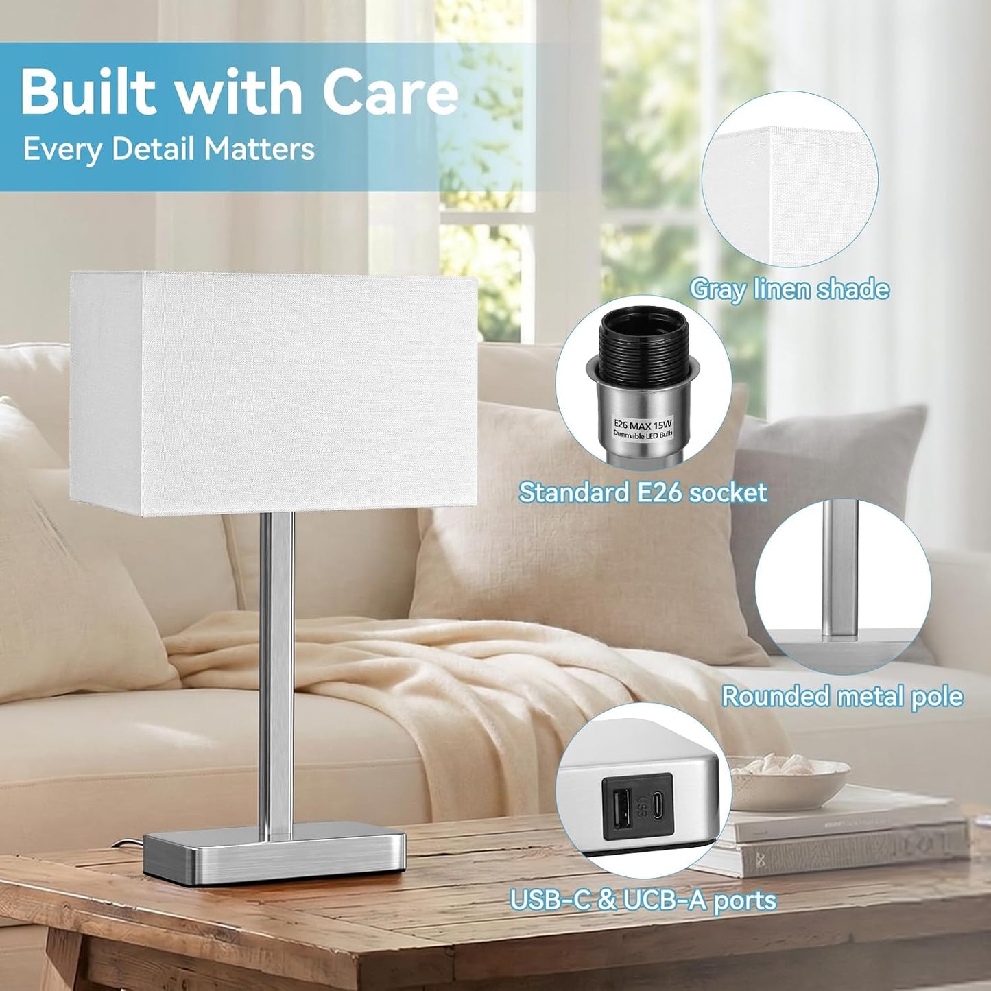 Hong-in Touch Lamps for Bedroom - 3-Way Dimmable Bedside Lamps Set of 2 with USB C+A, Grey Modern Table Lamp for Night Stands, Desk Lamp for Living Room Nightstand End Tables Bed Side