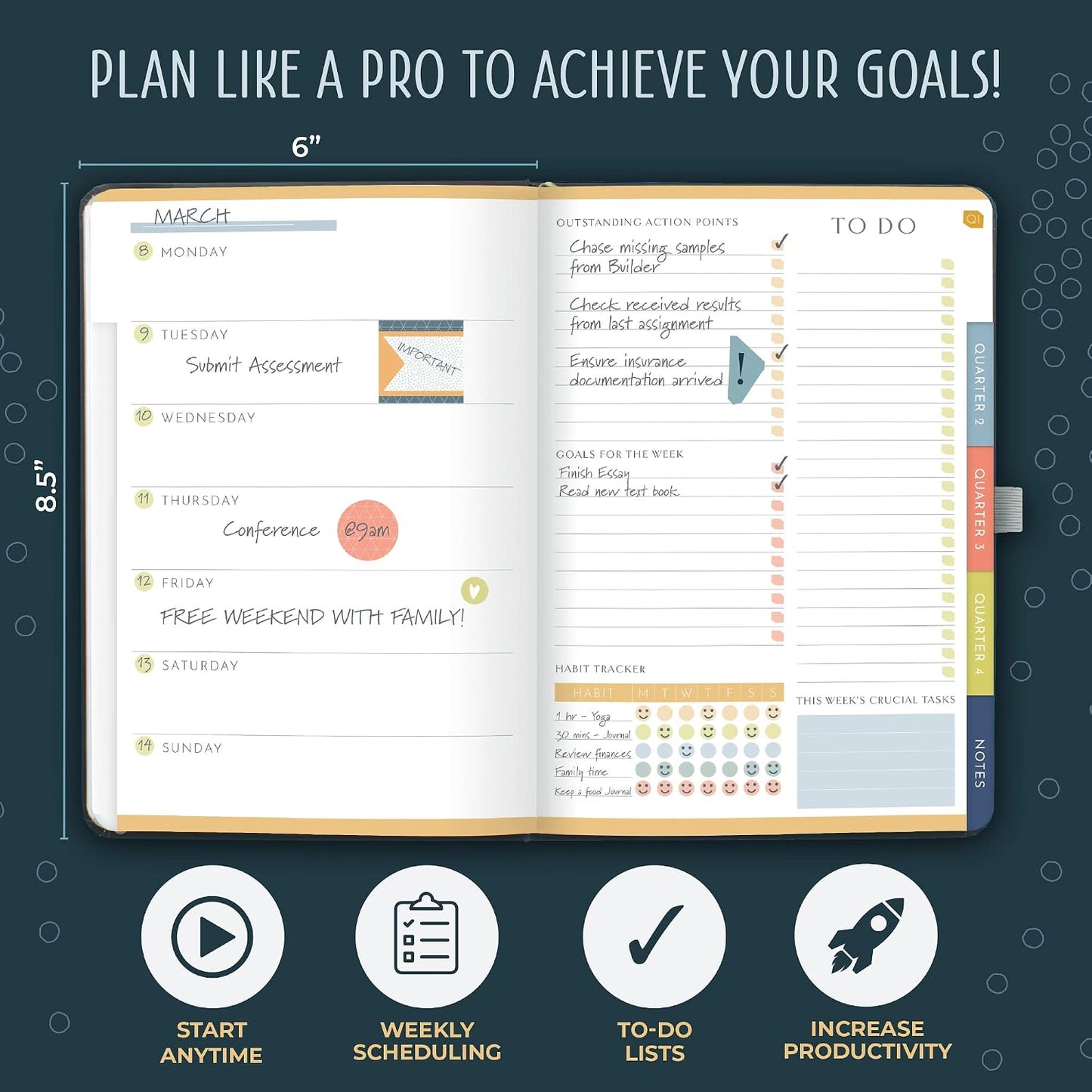 Boxclever Press Goal Planner – Luxury Undated Weekly Planner to Increase Productivity & Achieve your Goals. Weekly, Monthly, Quarterly Undated Planner with Vision Boards & Habit Trackers. 8.5 x 5.5ins