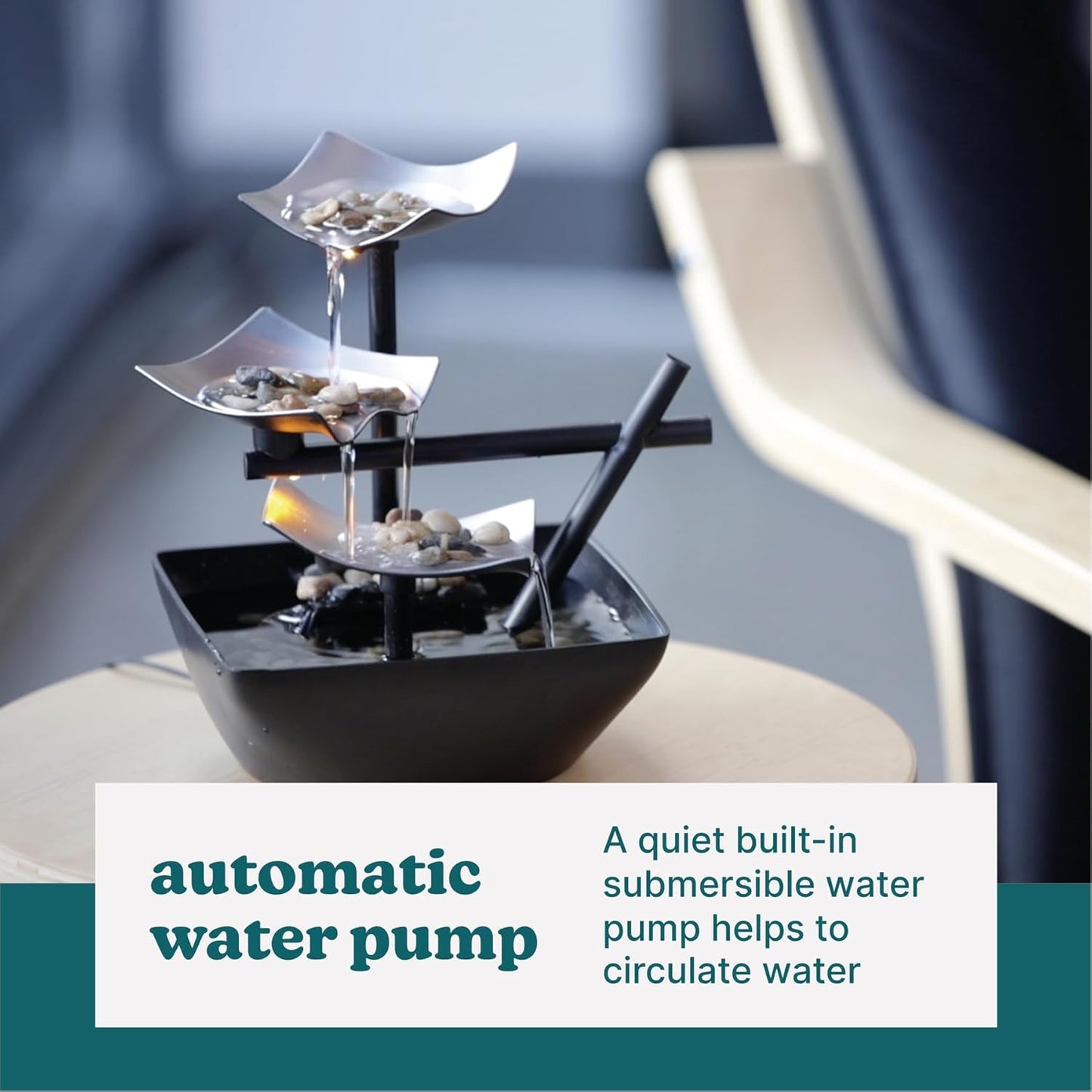 Homedics Tabletop Water Fountain, 3 Tier Indoor Waterfall Fountain with Natural River Rocks, Quiet Pump for Relaxation, Zen Home & Office Desk Décor, AA Battery Powered