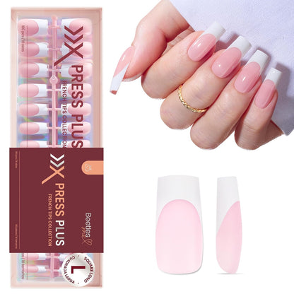 Beetles Press On Nail Kit-Short Square French Tip Press On Nails, 150Pcs Pink French Nail Tips with Nail Glue & Remover Builder Top Coat Nail Lamp, All-in-One DIY Fake Nails Gift for Women