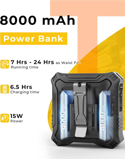 TUNISE Portable Fan with 5-Speed Settings, Dual-Sided Clip on Wearable Belt Waist Fan for 8000mAh, 2 Settings including Flashlight,Travel Essential for Outdoor Camping as Power Bank
