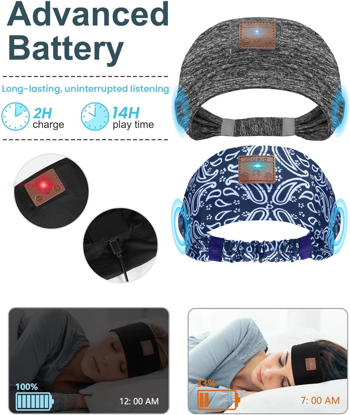 2-Pack Sleeping Headphones, Headband Headphones with Ultra-Thin HD Stereo Speaker, Bluetooth Headband for Sports, Workouts, Insomnia, Yoga, Air Travel, Meditation - Black&Grey