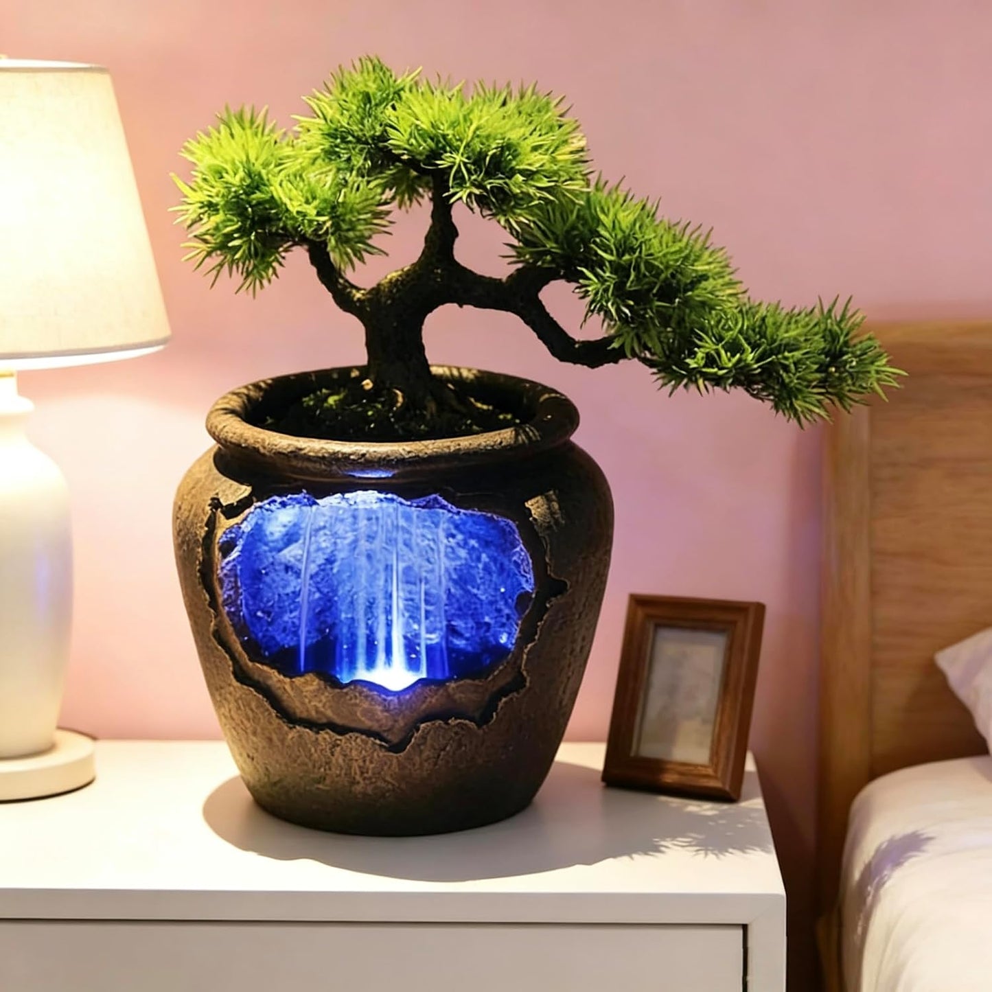 Mini Artificial Bonsai Tree Waterfall Fog Feature Rock Tabletop Fountain | 11in Desktop Decor Waterfall Fountain W/ Water Pump& Atomizer&LED Lights &Fake Tree Office Bedroom Relax