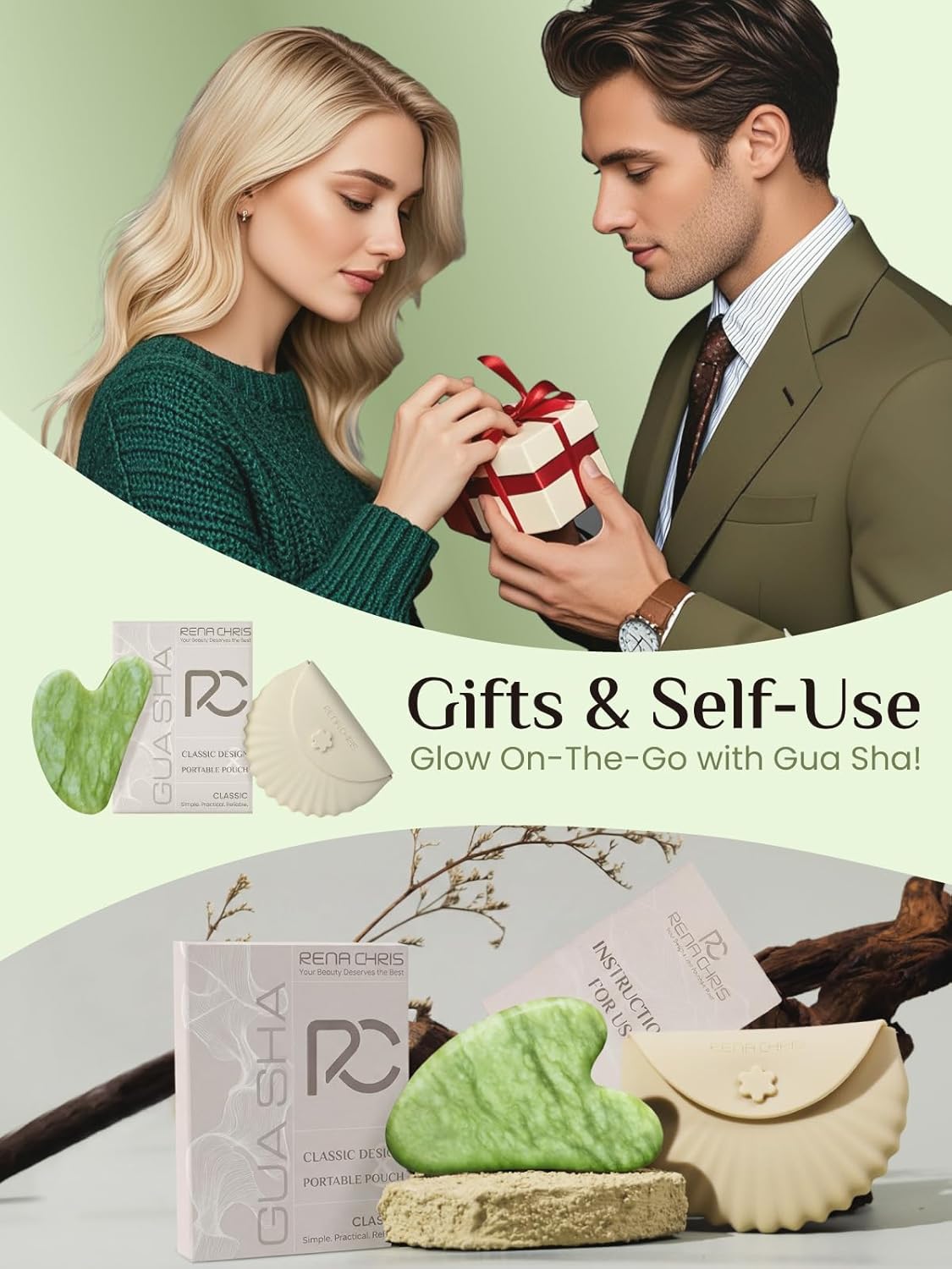 Rena Chris Gua Sha Facial Tools, Stainless Steel Guasha Tool for Acupuncture, Manual Massage Tool for Jawline Sculpting and Puffiness Reducing, Gua Sha Facial Massage Tool, Skin-Care Gift (Silver)