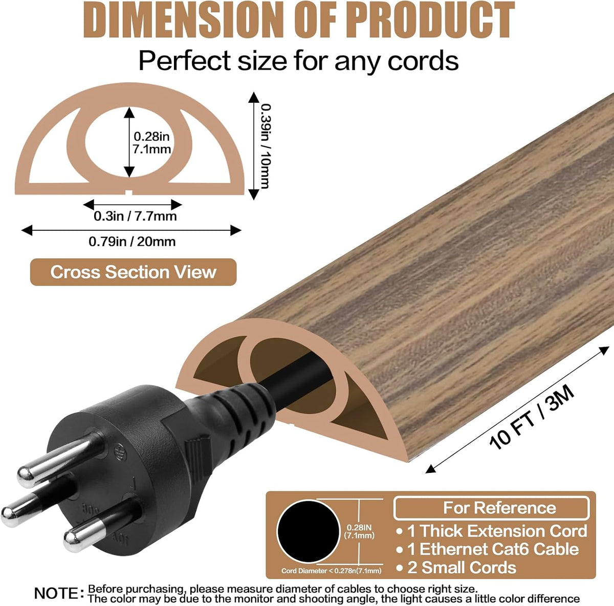 Floor Cord Cover Self Adhesive Cord Hider,10FT Cable Management, Extension Strip Protector for Wires, Prevent Cable Trips for Offices, Gyms, Exhibitions Cavity 0.39"(W) x 0.27"(H) BrownWood