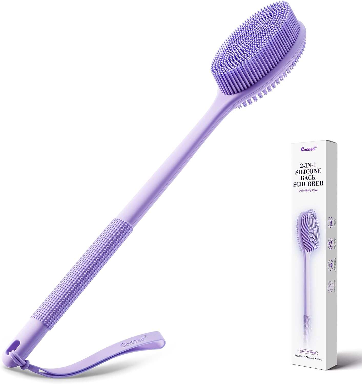 CORATED Silicone Back Scrubber for Shower, Exfoliating Body Scrubber with Long Handle, 2‑in‑1 Body Brush for Women & Men Daily Use, Loofah Alternative Bath Accessories