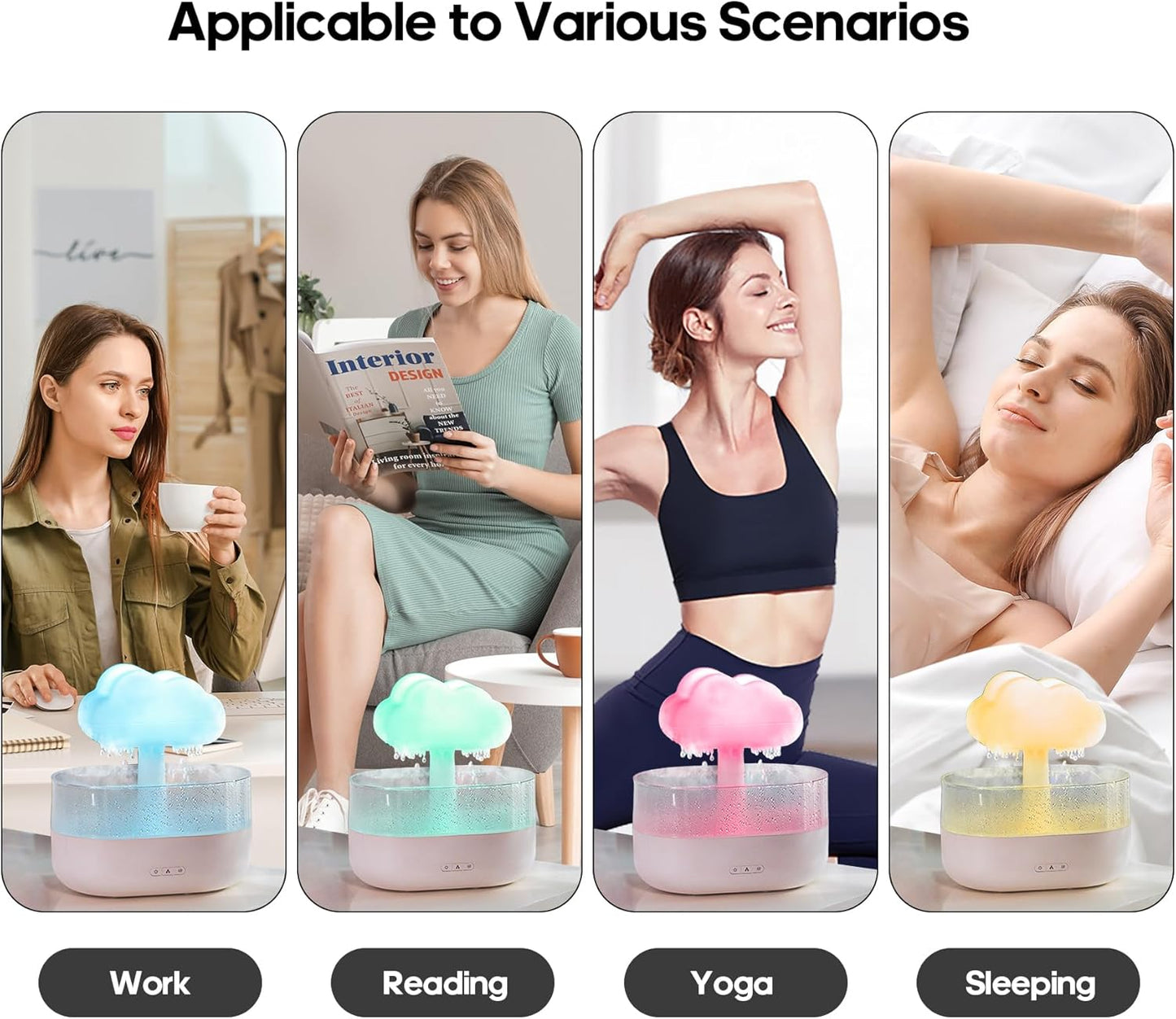 Rain Cloud Humidifier Water Drip - Mushroom Aroma Diffuser, Essential Oil Diffusers, 300ml White Noise Aromatherapy Diffusers with 7 Colors Cloud Lights for Home, Large Room, Office - White