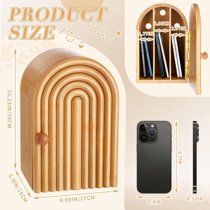 Bamboo Phone Box for Family Time, 6 Phones 3 Slots, Door-Shaped