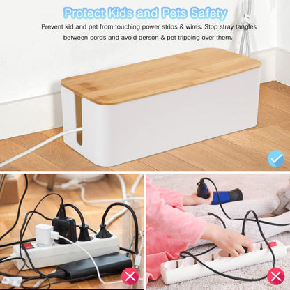 Cable Management Box Organizer, Set of 2 Bamboo Lid Large Storage Wire Holder to Conceal Hide Surge Protector, Power Strips Cord on Desk Floor, with 5 Cables Tape for Home Office Computer TV USB Hub