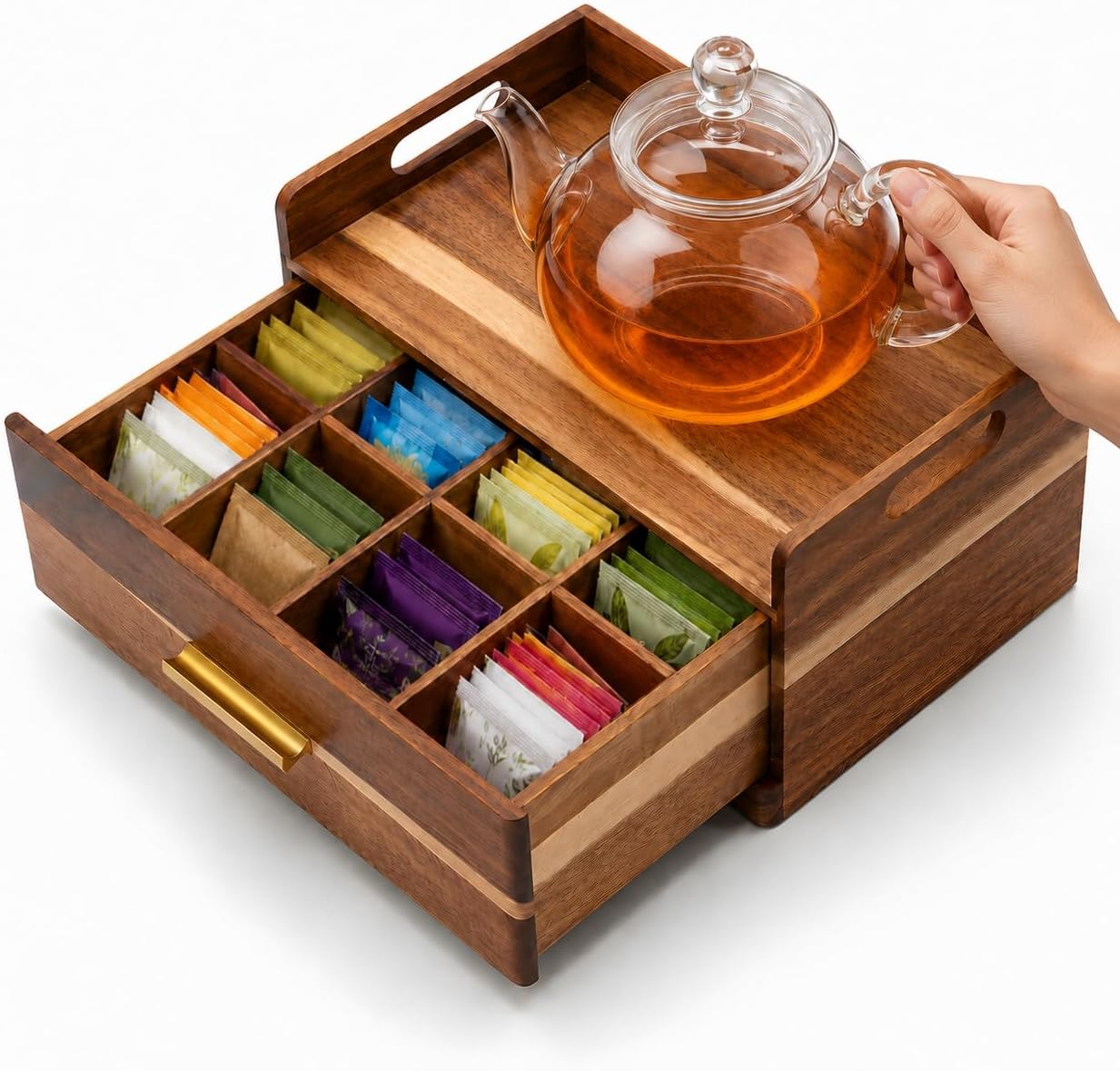 Acacia Wood Tea Bag Organizer for Countertop, Tea Holder Organizer with Storage Drawer