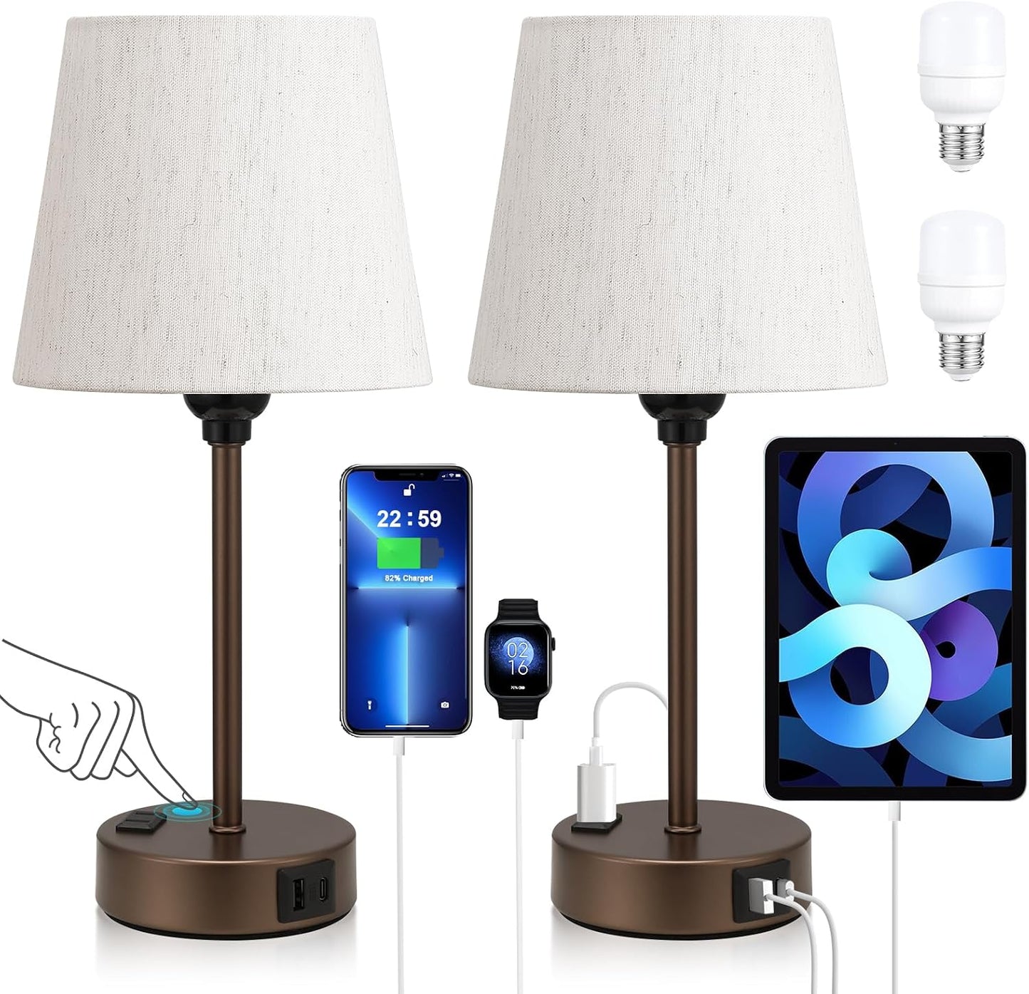Mini Bedside Lamps for Bedrooms Set of 2 - Nightstand Bedroom Lamps with USB C Port and AC Outlet Charging, Dimmable Touch Small Bed Side Table Lamp, Black Night Stand Light for Kids/Guest Room