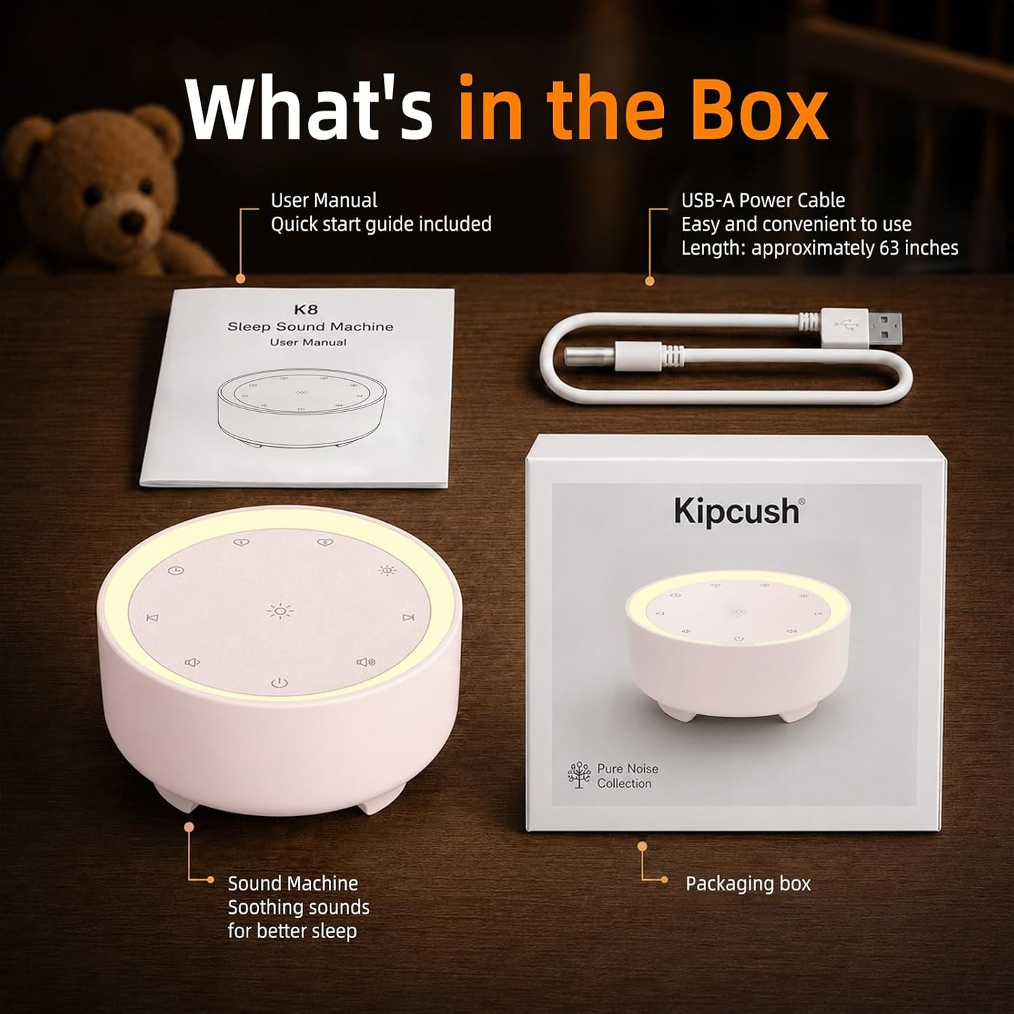 Kipcush White Noise Machine for Sleeping – High-Fidelity Non-Looping Sounds, Dimmable Night Light, USB Powered, Sleep Sound Machine for Baby, Kids & Adults (A - Model White+, Standard)