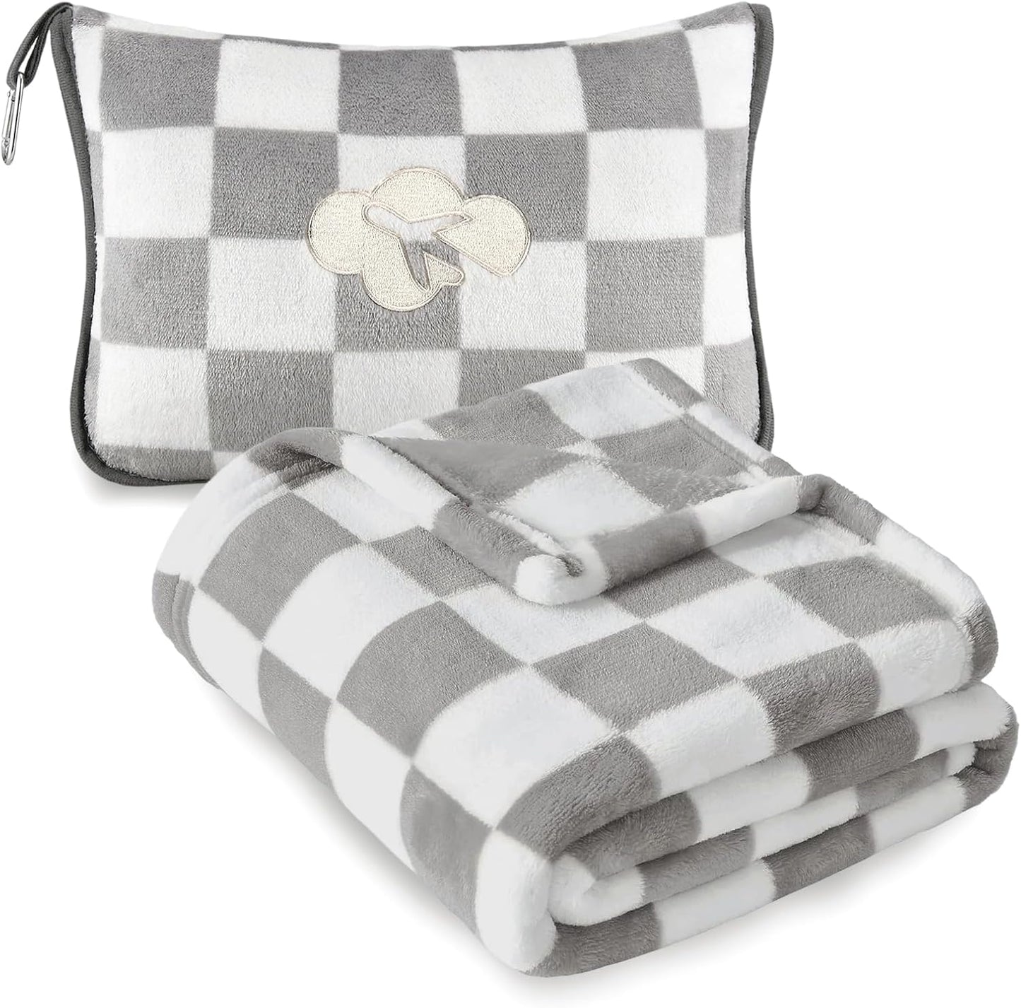 Travel Blanket and Pillow Compact, Premium Soft 2 in 1 Airplane Blanket with Soft Bag Pillowcase，Hand Luggage Sleeve and Backpack Clip (Checkered Black)