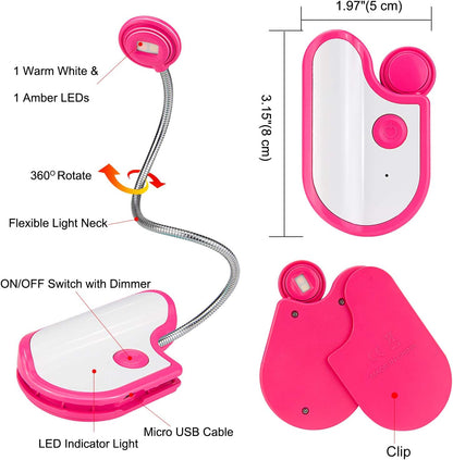 Amber Reading Light Rechargeable, Book Light Kids for Reading in Bed, Clip On Reading Book Light, 2 Lighting Modes, Blue Light Blocking for Eye-Care, Small Bookmark Light for Bookworm-Violet