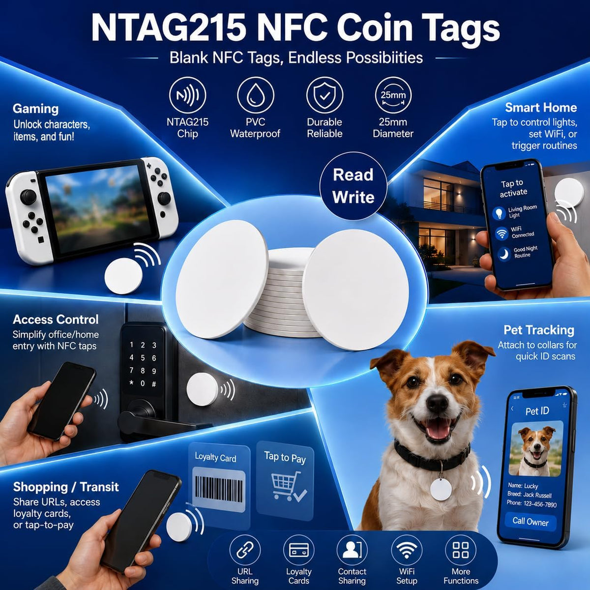 NTAG215 Blank NFC Coin Tags, 25mm Round Programmable 504 Bytes