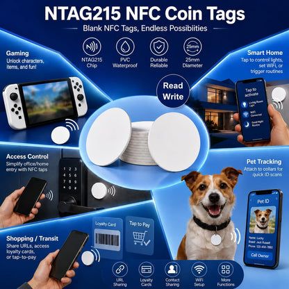NTAG215 Blank NFC Coin Tags, 25mm Round Programmable 504 Bytes