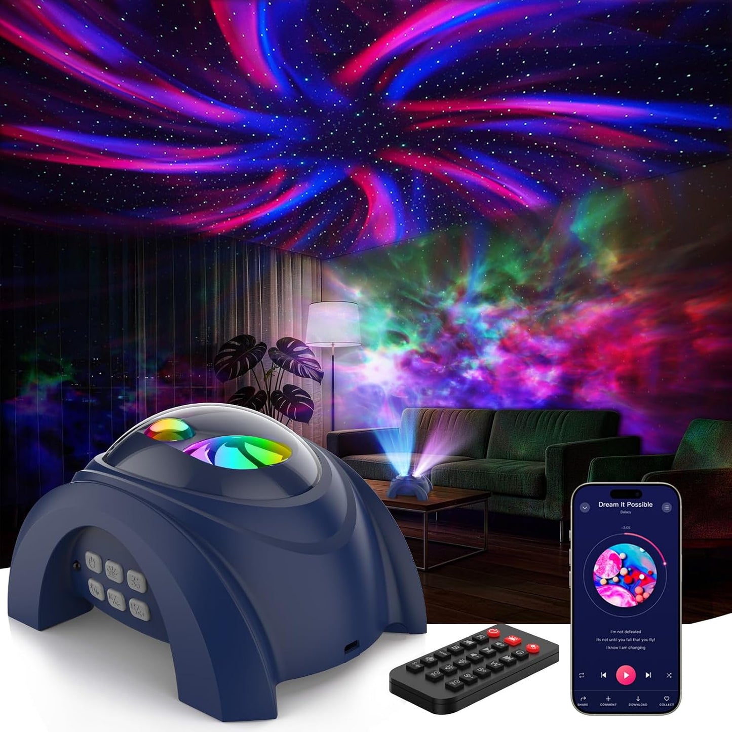 Rossetta Dual Lens Galaxy Projector, Star Projector for Bedroom with 58 Light Effects, Night Light Projector with White Noise & Bluetooth Speaker, Remote Timer, Room Decor Gift for Kids Adults Teens
