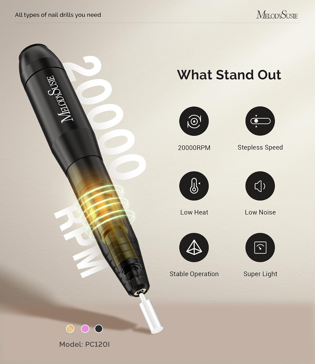 MelodySusie Pen-Shaped Portable USB Nail Drill, PC120I 20000RPM Electric Nail File with Compact Design for All Nail Care, Manicure Polishing, Shaping & Gel Removal at Home for Beginners