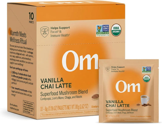 OM MUSHROOM SUPERFOOD Matcha Latte Blend – Green Tea Mushroom Powder with Lion’s Mane, Reishi, Chaga & Turkey Tail – Focus, Calm & Stress Support – 8.47 oz Canister (30 Servings)