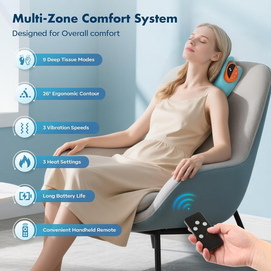 Smedz Neck Massager 2026, 4-in-1 Neck & Shoulder Massager with Multi-Directional Stretch, Heating & Vibration, 360° Remote Control–Ergonomic for Home, Office, Car Travel‌（Sky Blue‌）