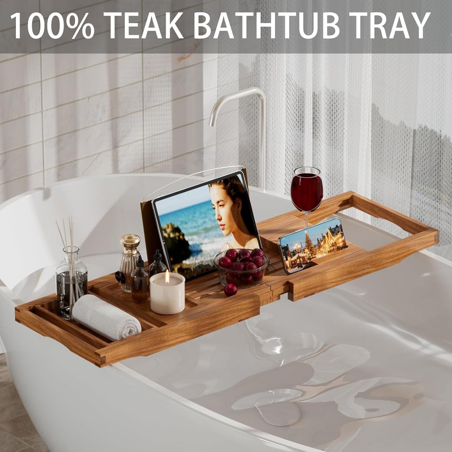 Artmalle Luxury Bathtub Caddy Tray for Tub - Foldable Bamboo Bath Table Tray with Book and Wine Glass Holder, Expandable Bathroom Accessories for Spa or Reading Lite Style