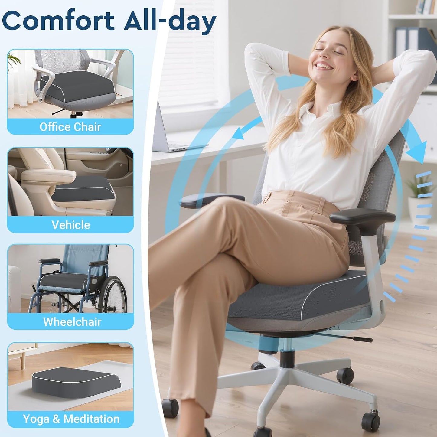 Seat Cushion, Memory Foam Office Chair Cushions for Long Sitting Hours, Chair Pad for Sciatica, Coccyx, Tailbone, Hip Pain & Pressure Relief, Office, Home, Car Seats, Airplane, Black/Large