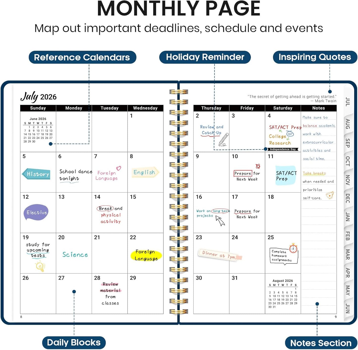 Planner 2026-2027 for Women & Men, Academic Monthly and Weekly Calendar Planner, Jul 2026 - Jun 2027, A5 (6.3" x 8.5"), Teacher Student Planning Book with Tabs, Ideal for Office School Supplies - Pink