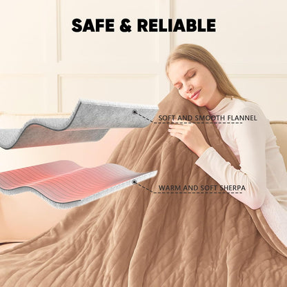 greenoak Heated Blanket Electric Throw 50"X60", Heating Blanket with 10 Heat Levels 1/2/4/6/8 Hours Auto-Off,Fleece Soft Sherpa Blanket,Gifts for Grandma Mom Seniors, Misty Grey