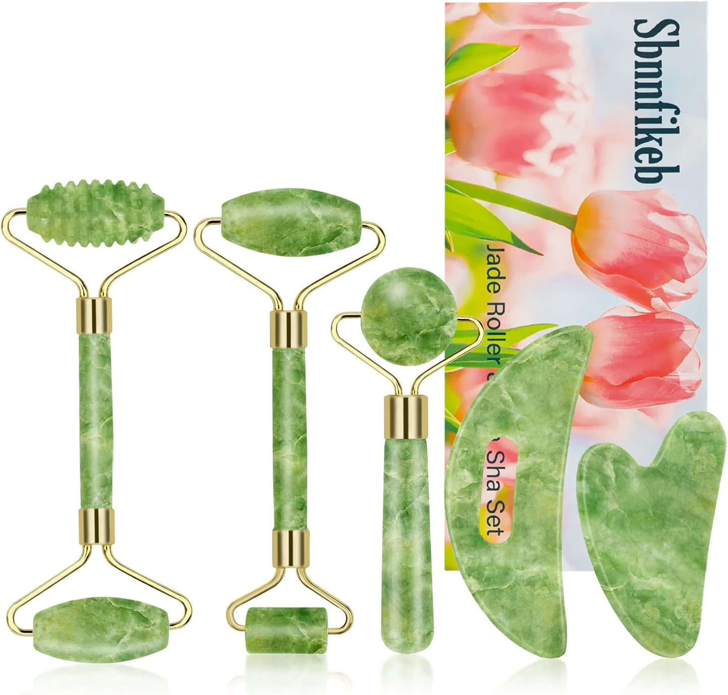 Jade Roller & Gua Sha Set 5-in-1, Full Body Massage Tools | Cool natural Xiuyan jade for depuffing facial massage, portable travel skincare kit, ideal stocking stuffer gifts for women