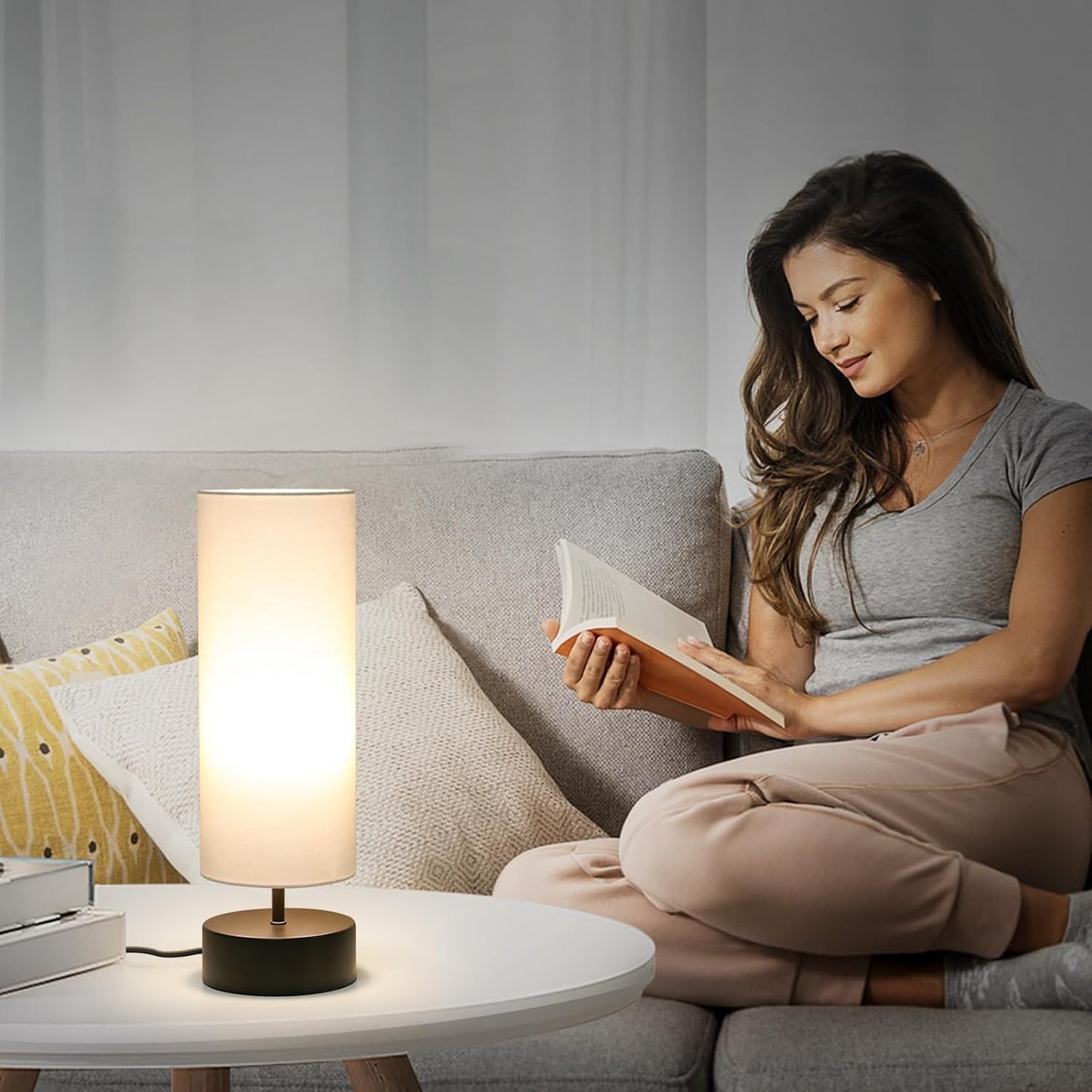 Touch Table Lamp, 3-Way Dimmable Modern Minimalist Accent Bedside Lamp with Cylinder Fabric Shade, Night Light Nightstand Desk Lamp for Bedroom Living Room Kitchen, 9W LED Bulb Included