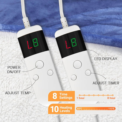 Electric Heated Blanket Throw Size 50''x60''-Control Heating Blanket, Soft & Warm Flannel 10-Level Temperature Control, 8 Hours Auto Off, Rapid Heating & Overheat Protection