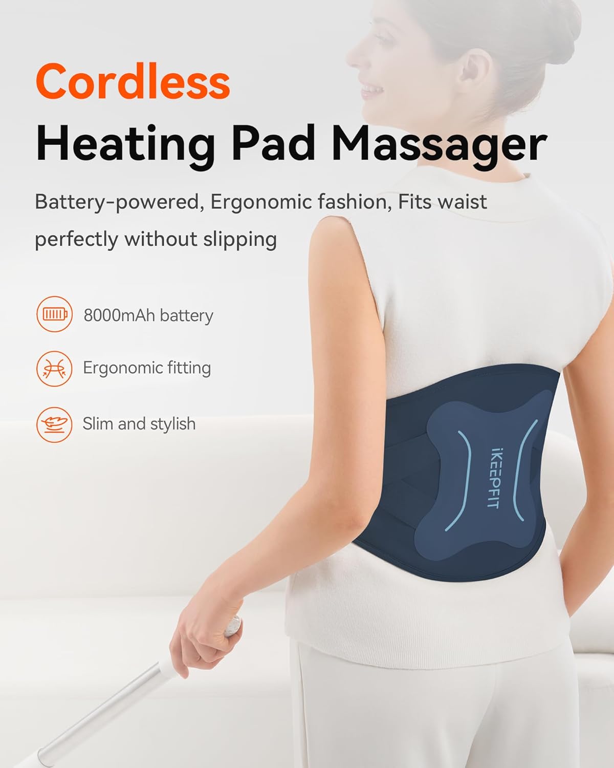 IKEEPFIT Portable Heating Pad for Back, FSA Eligible HSA, Cordless Heat Belt with Massager for Lower Back Pain Relief, Battery Powered 8000 mAh Rechargeable, MAXwarm 3.0, Gift for Women Men 90-310 lb