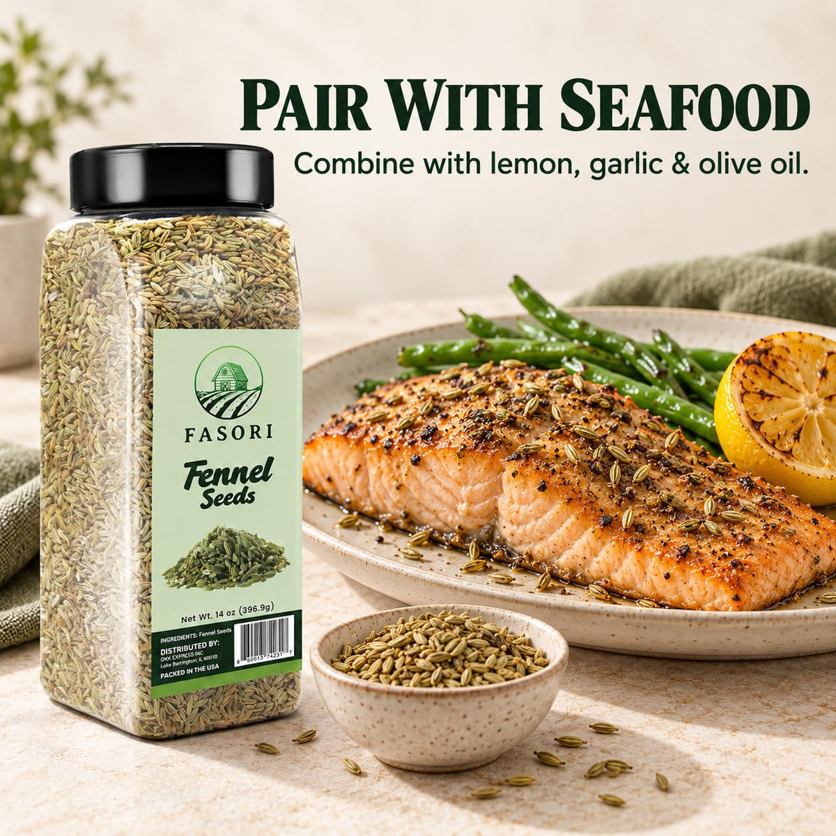 Fasori Fennel Seeds Whole 14 oz (397 g) – Premium Dried Fennel Seed, Aromatic Mediterranean & Indian Spice for Cooking, Tea & Seasoning