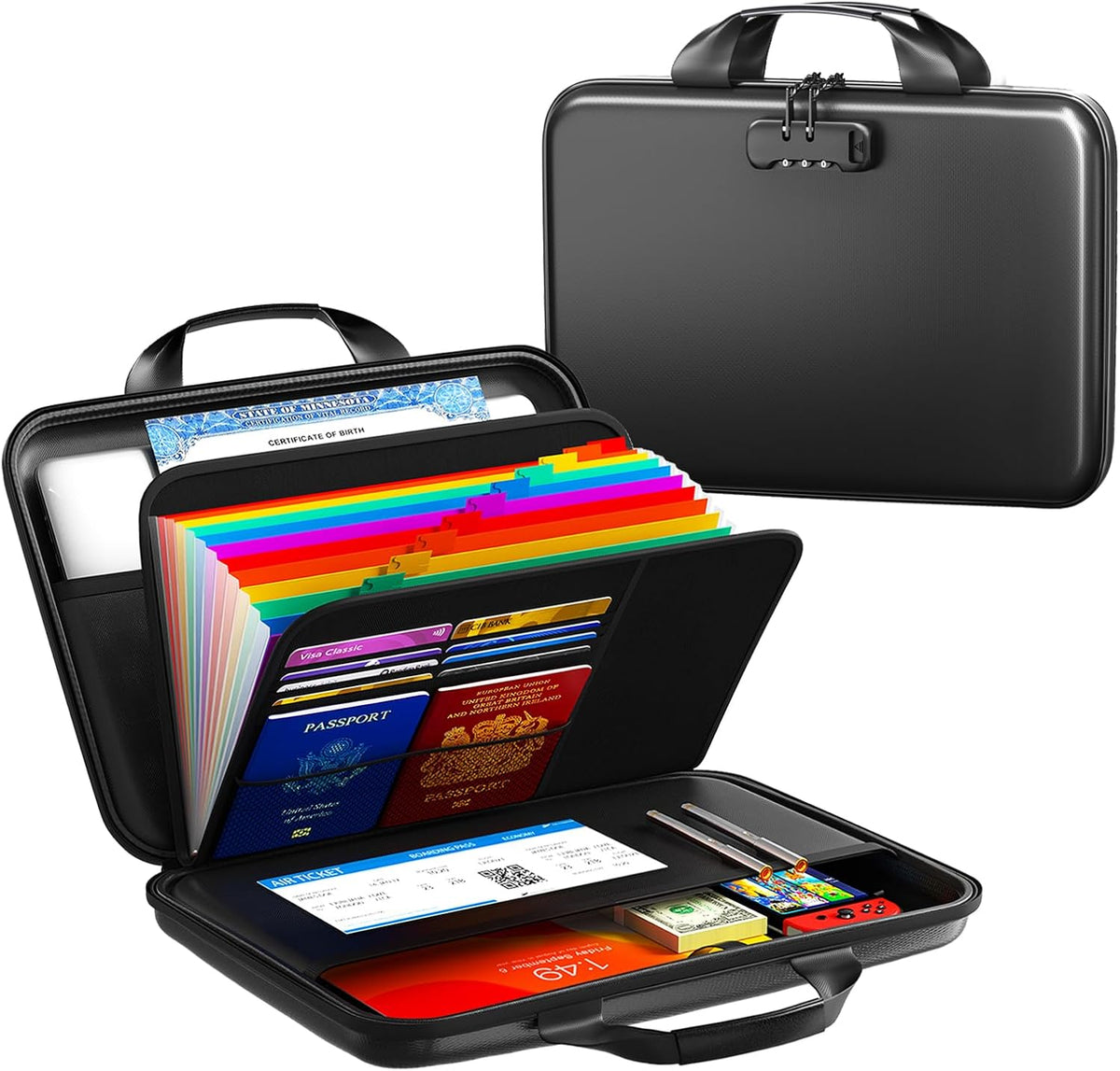Fireproof Document Organizer with Lock, Semi-Rigid EVA Shell File Box with 13-Pocket Accordion Folder, Water-Resistant Storage for Important Documents, Passports & Certificates